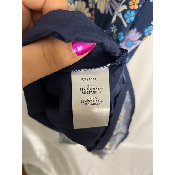 Avara Navy Blue Colorful Floral Print 3/4 Sleeve Midi Dress Ruffle Hem Large - Picture 3 of 5